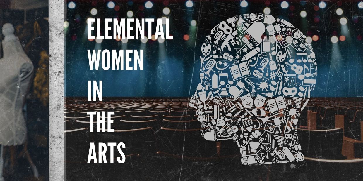 film strip, empty auditorium. text: Elemental Women in the Arts.
Graphic; head with symbols of arts