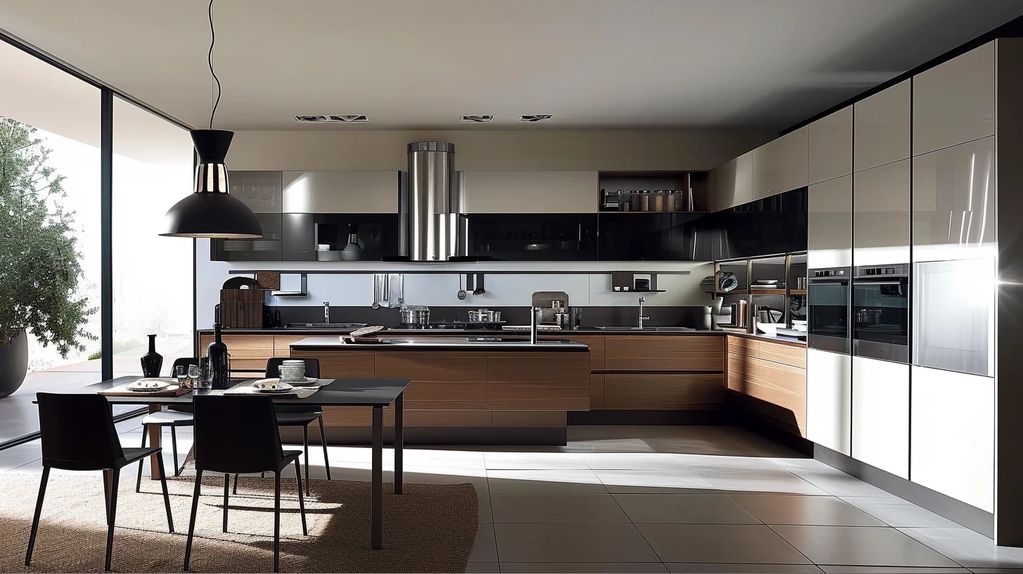 Futuristic laminate slab door kitchen in beige and contrasting medium oak cabinets & kitchen island