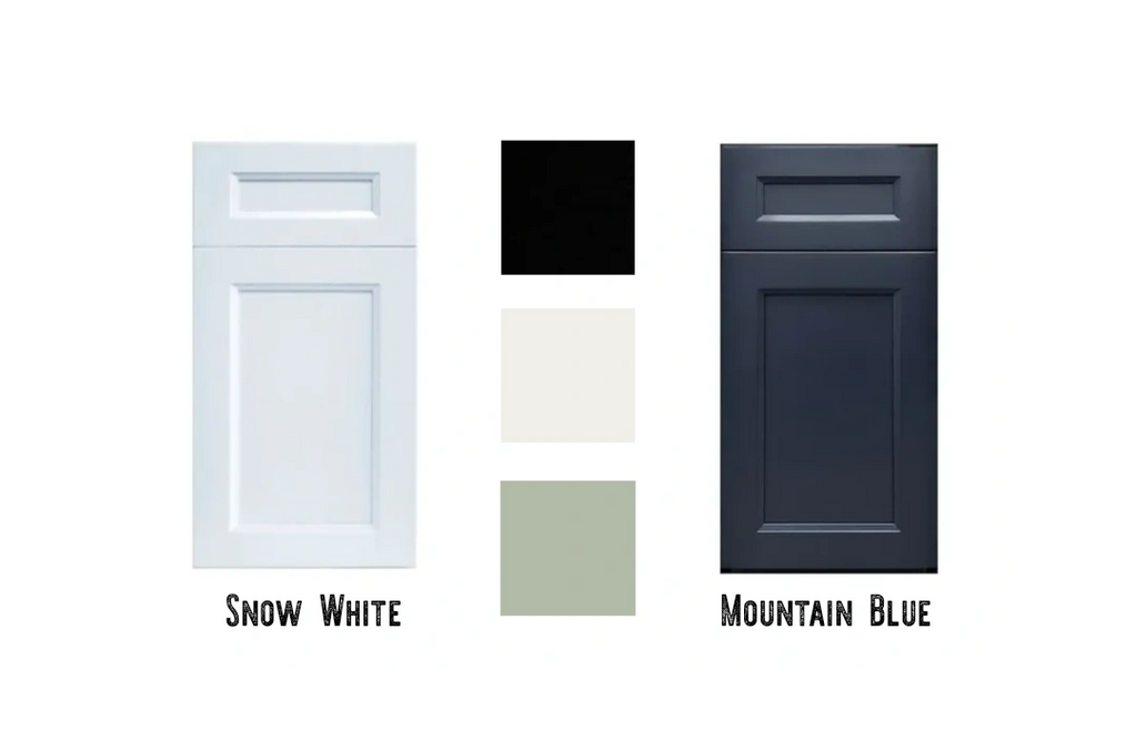 Color pallete of double shaker kitchen doors in white, blue, sage, dove and black.