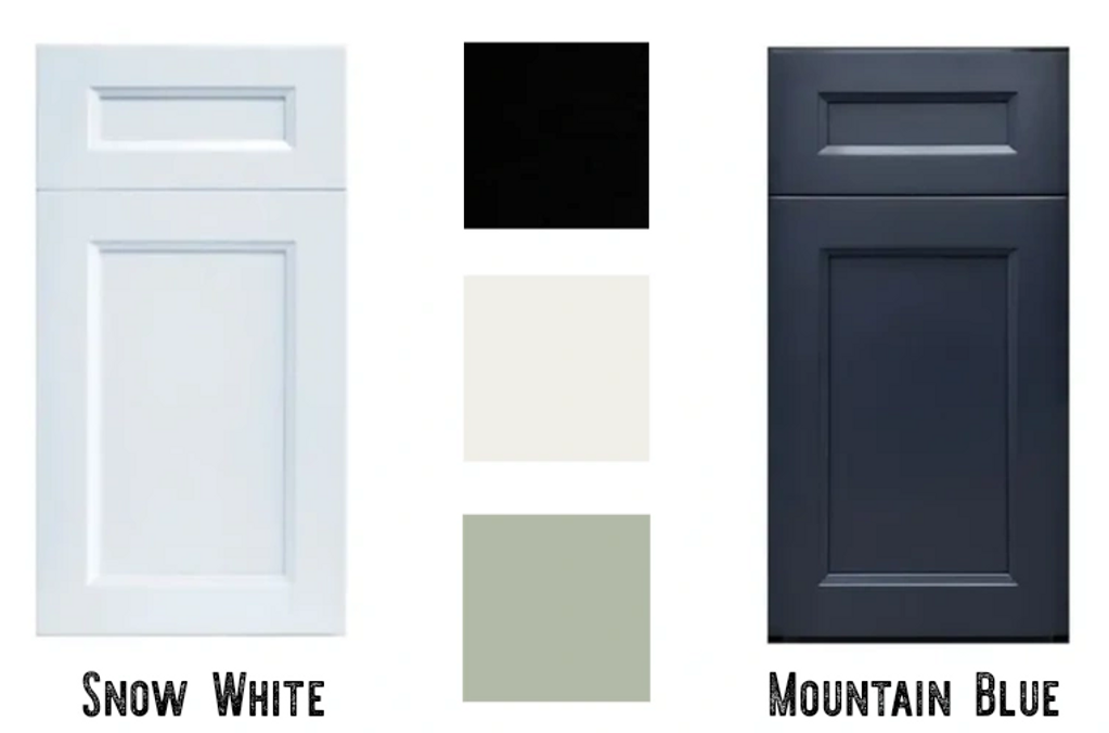 Color pallete of double shaker kitchen doors in white, blue, sage, dove and black.