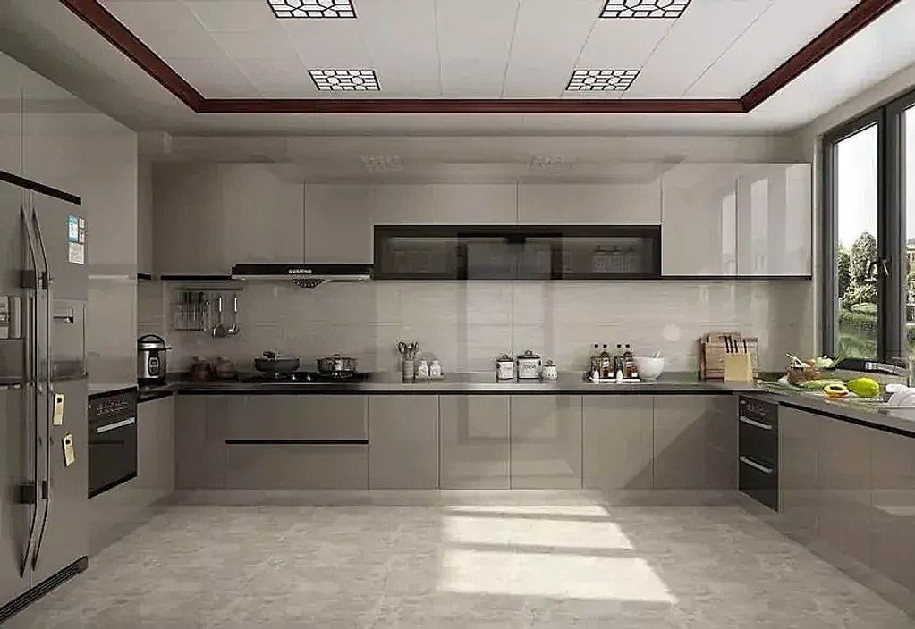 Glossy greige laminate slab door kitchen with neutral surroundings and upper glass cabinets