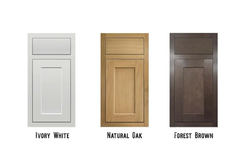 Inset shaker kitchen doors colors in natural oak, Ivory white and Forest Brown of Paris collection