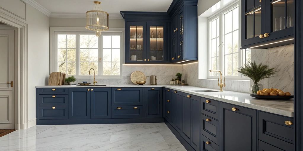 Modern blue shaker kitchen with brass handles and white surroundings