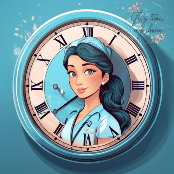 Illustration of a confident nurse with a clock background and quote 'My time, my choice.'