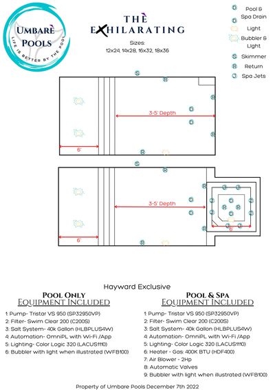 Umbare Pools The Exhilarating Pool Model Dimensions Sundeck and Spa, Bubblers, Lights, Spa Jets.
