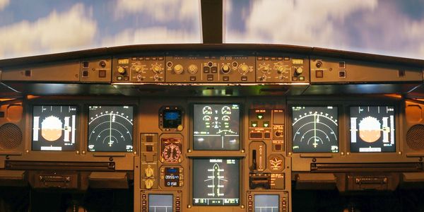 Cockpit of an airplane showing the instrumentation cluster