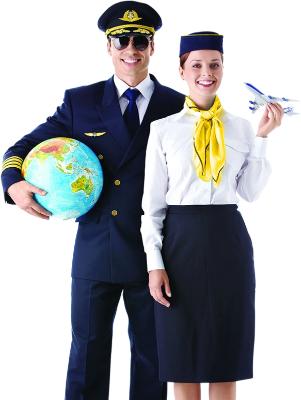 Pilot and air hostess holding a globe and a model aircraft