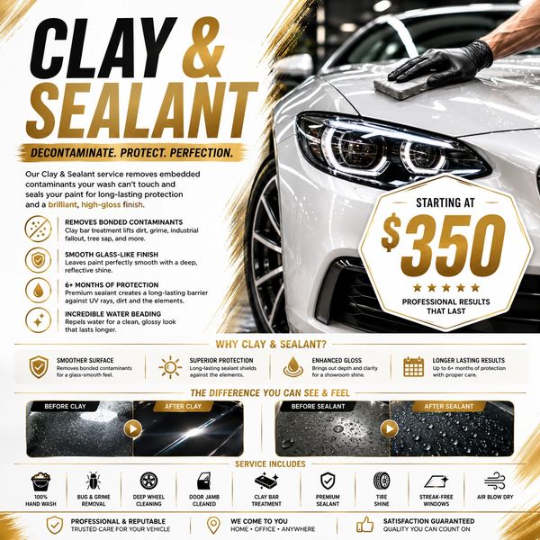 Car clay and sealant service for $350 ensuring protection and gloss.