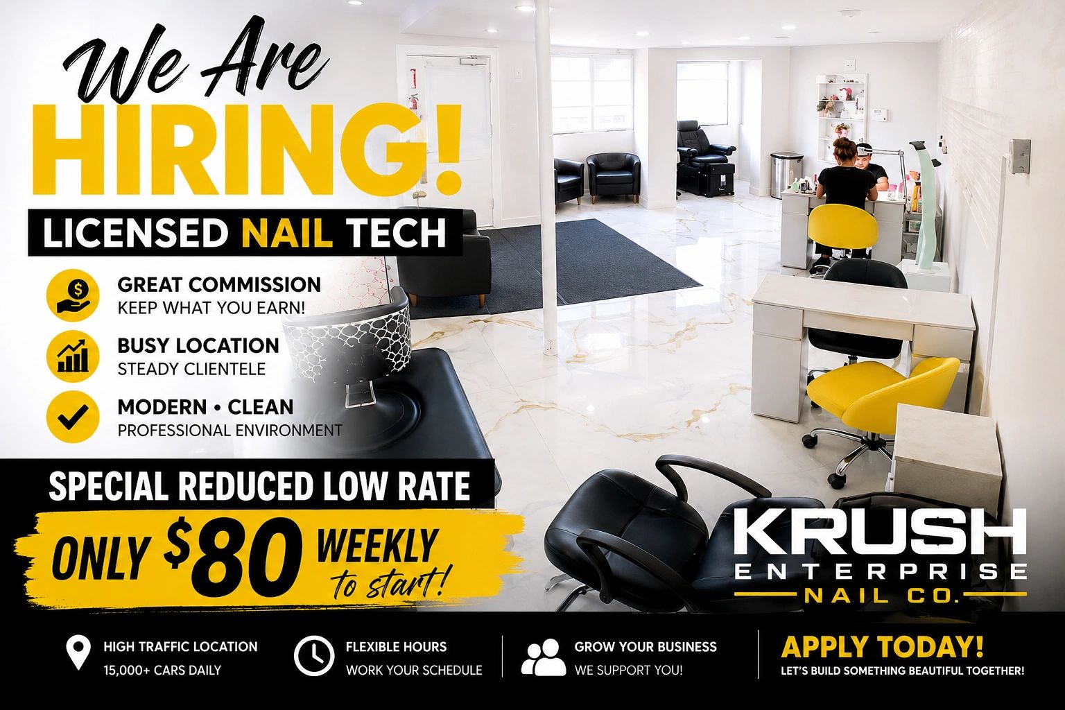 Nail salon hiring licensed nail technicians with great commission and flexible hours.