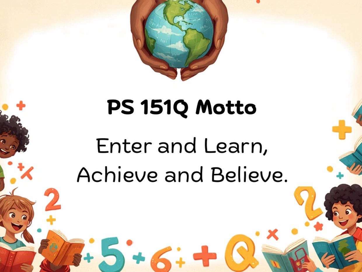 PS 151Q school motto with children and numbers illustration.