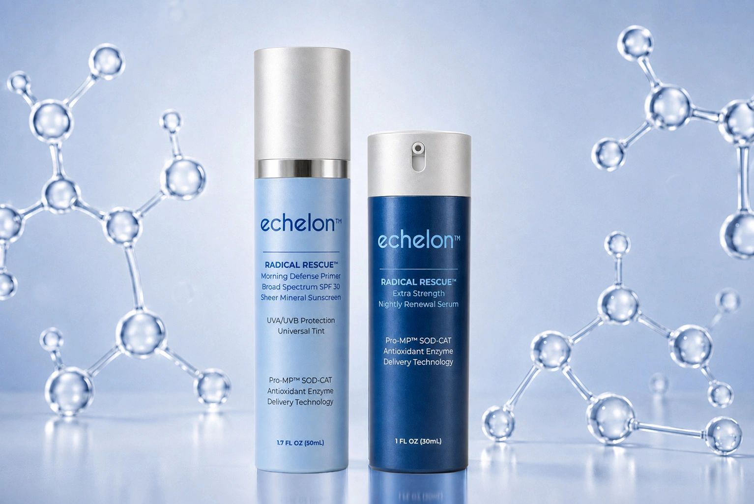 Two Echelon skincare bottles with a molecular background.