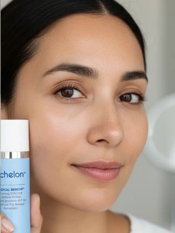 Woman with clear skin holding Echelon skincare product.