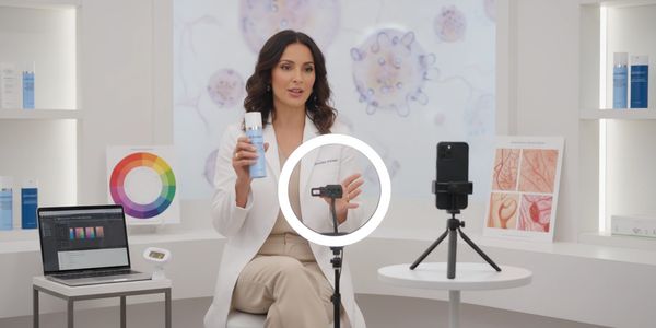 Woman demonstrating skincare product in a well-lit studio setup.