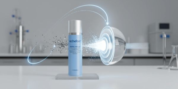 Echelon skincare product with digital effects illustrating active ingredients.