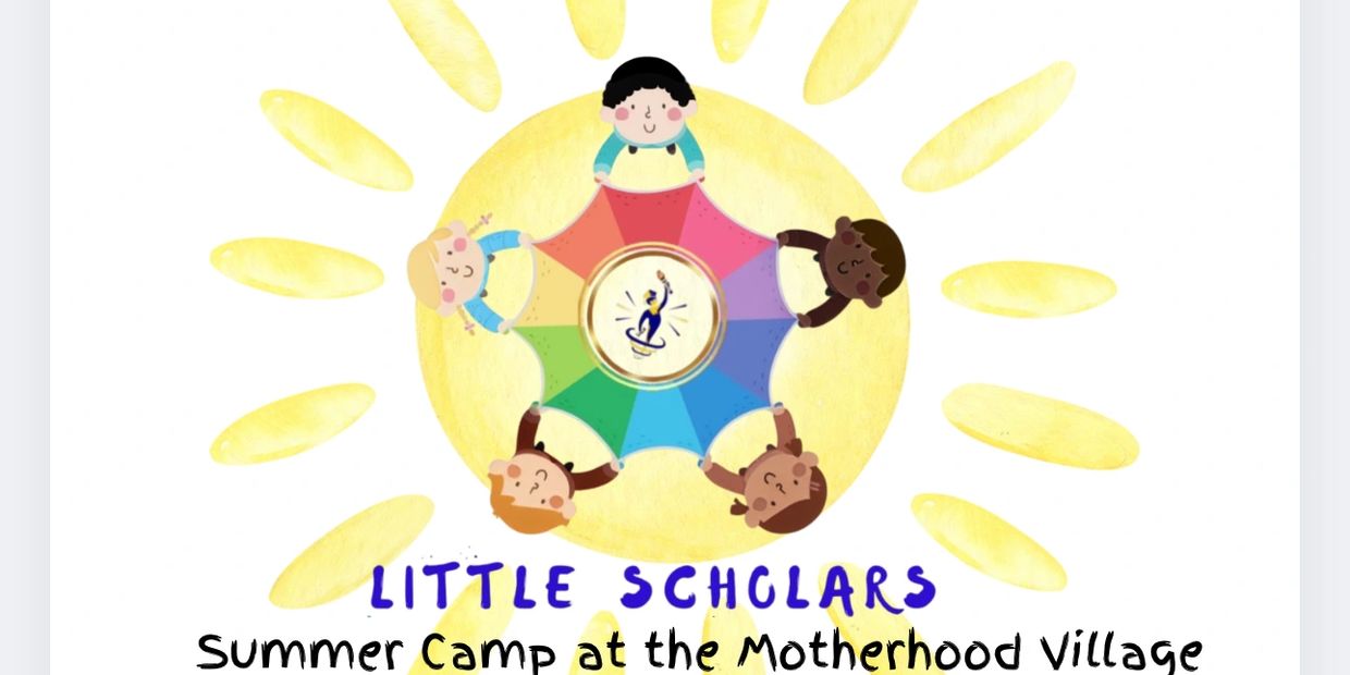 Children holding hands around a colorful circle under a bright sun for Little Scholars summer camp.