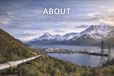 Alaska landscape with pipeline and snowy mountains under cloudy sky.