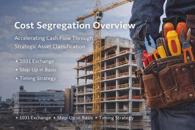 Construction worker with tools in front of a building under construction and cost segregation text overlay.