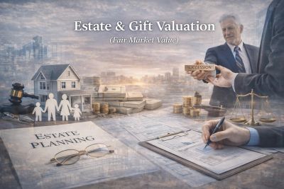 Estate and gift valuation concept with planning documents and financial symbols.