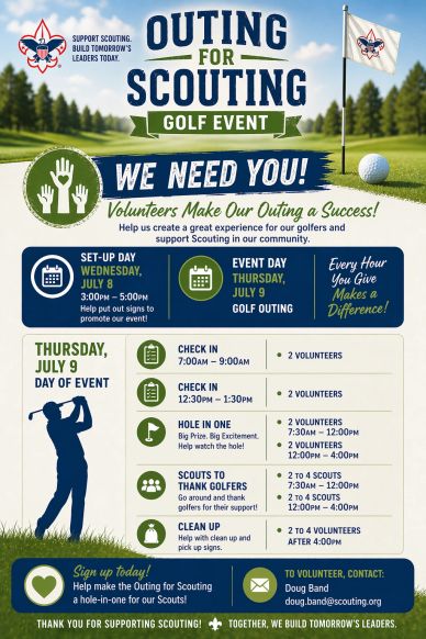 Flyer for a golf event supporting scouting volunteer sign-up.