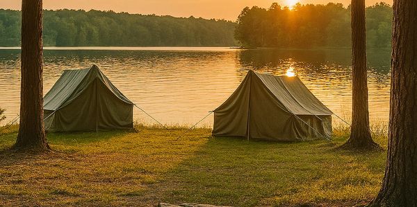 Two tents by a lakeside campfire at sunset.
