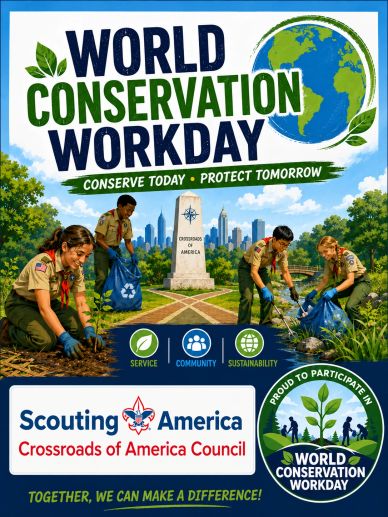 Poster promoting World Conservation Workday by Scouting America with community service theme.