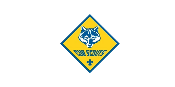 Cub Scouts logo with a wolf head on yellow diamond background.