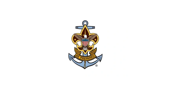 Emblem of Boy Scouts with an eagle, shield, anchor, and 'Be Prepared' banner.