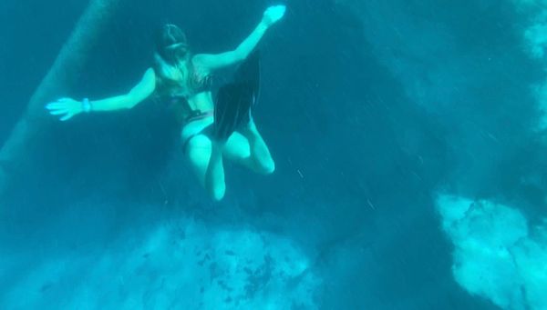 A woman snorkeling underwater near a large marine animal, possibly a whale.