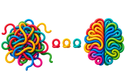 Colorful tangled and organized brain illustration.