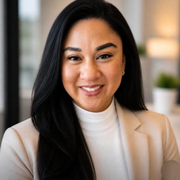 Professional woman smiling confidently in a beige blazer and white turtleneck.