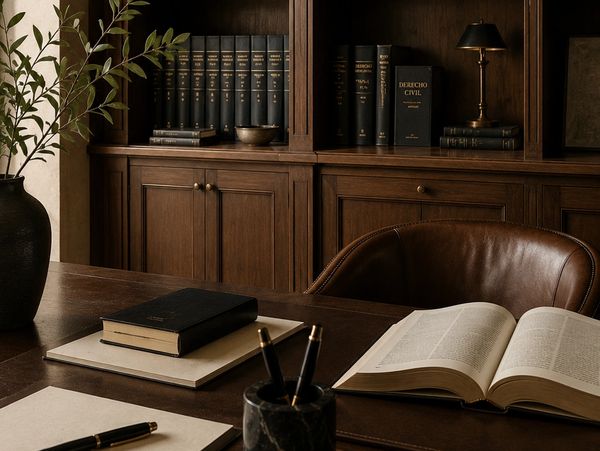 A classic study room with leather chair, open book, and wooden shelves filled with books.