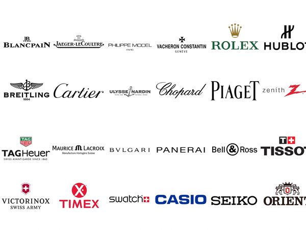 Compilation of luxury and popular watch brand logos arranged in rows.