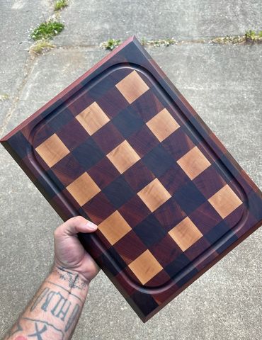 Checker patterned cutting board.