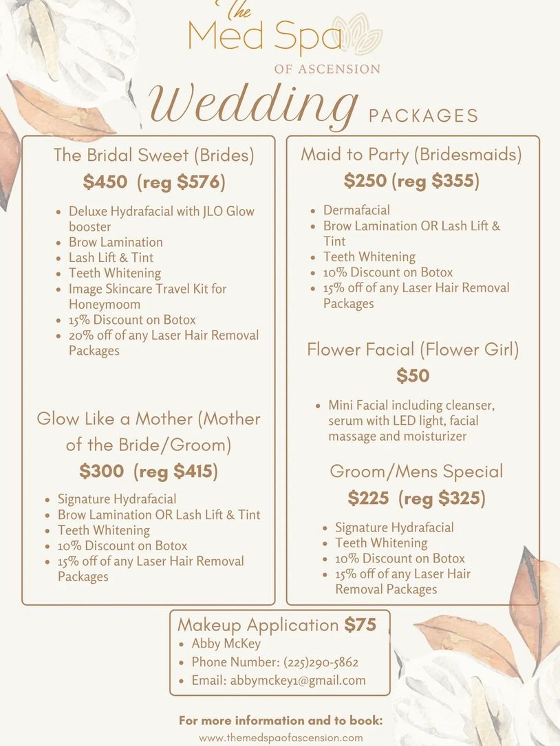 Wedding packages at The Med Spa of Ascension with treatments for brides, bridesmaids, mothers, flower girls, and grooms.