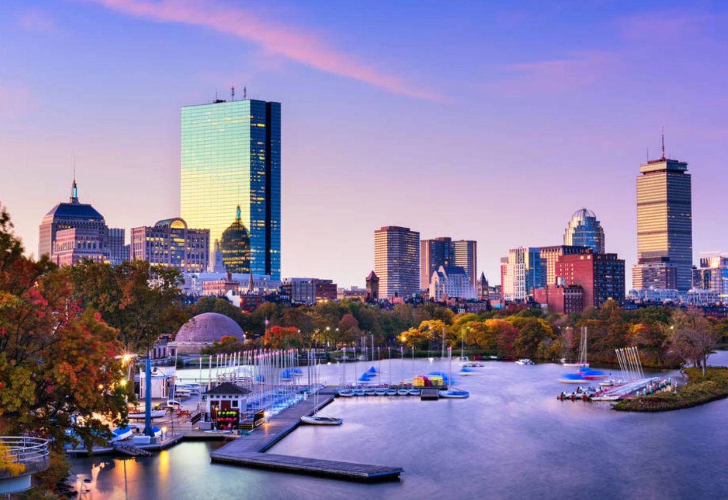 Boston city skyline. John Hancock tower Cool October Night story. Familiar land I love