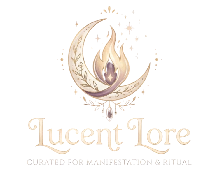 Elegant logo with a crescent moon and flame symbol above 'Lucent Lore'.