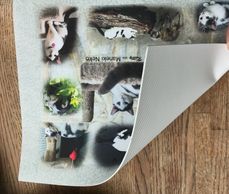 Photographs are printed on canvas, glued to flexible vinyl and protected with clear varnish.