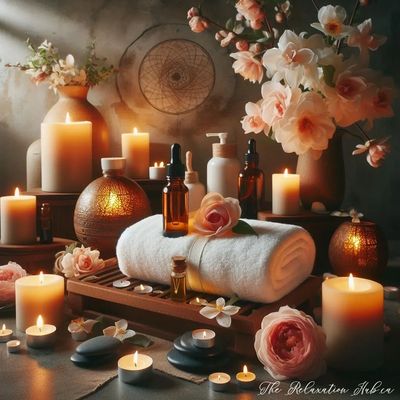 Massage room with candles silk flowers and oil