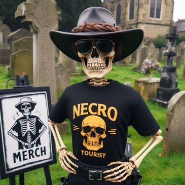 Skeleton wearing a cowboy hat and sunglasses with a 'Necro Tourist' shirt in a graveyard.