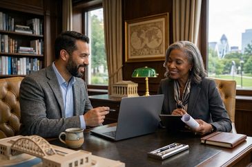 Two professionals discussing work over a laptop in an office.