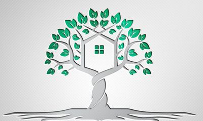 A stylized tree with a house shape in the center and green leaves.