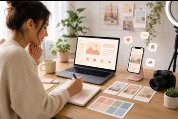 Woman working on digital design at desk.