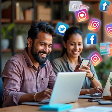 Two people using laptop and smartphone with social media icons.