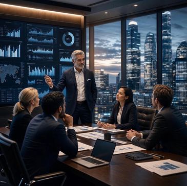 Business team in a meeting with city skyline at dusk.