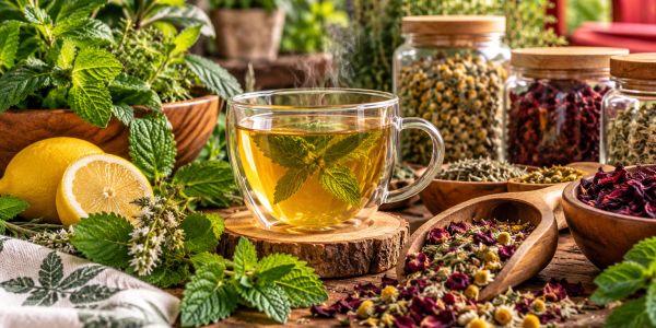 Herbal tea surrounded by fresh mint, lemon, dried herbs and botanical ingredients.