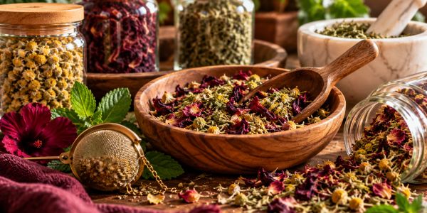 Dried herbs and botanicals arranged for blending herbal tea, with jars, a wooden bowl and tea infuser.