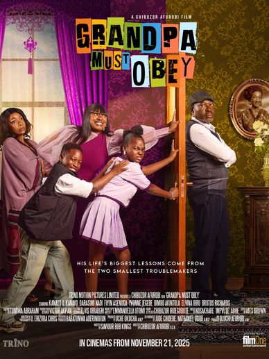 A family comedy film poster showing playful grandchildren and a stern grandpa.