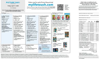 School picture day flyer with pricing and package details.