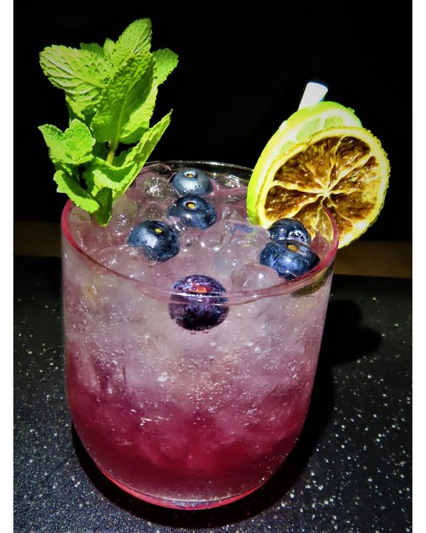 A Blueberry Mule....this drink has a spicy kick at the end that you can't miss.