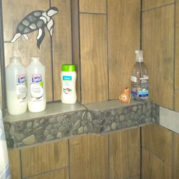 Original Hawaiian Turtle Mosaic in custom shower nook shelf
